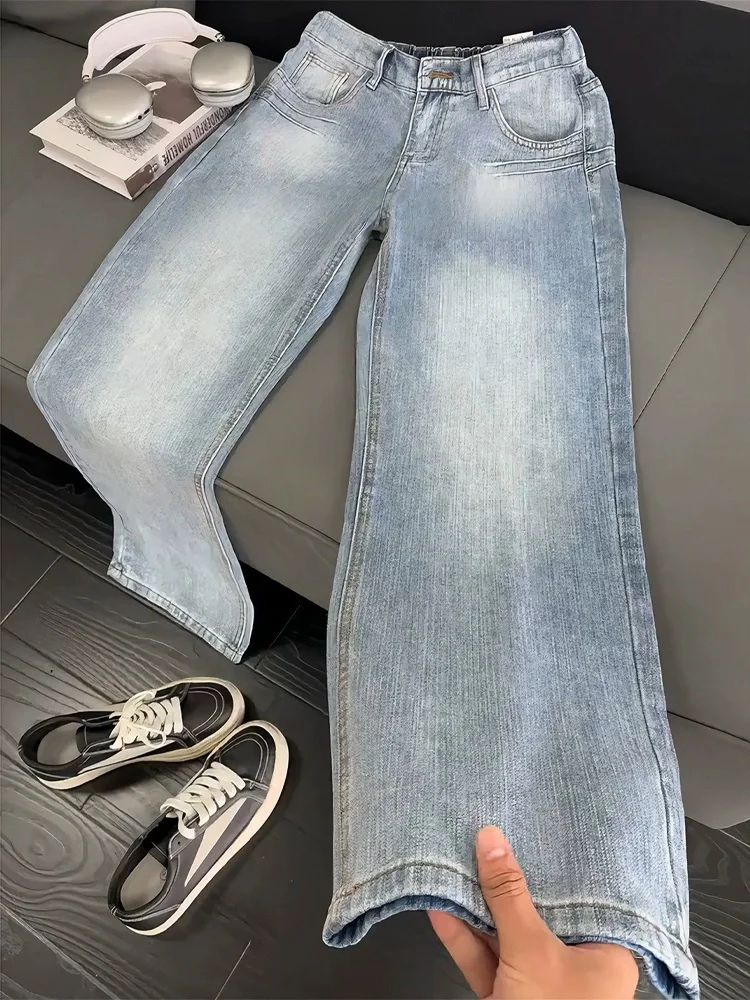 

Light Blue Men's Denim Jeans High Waist Straight Leg Micro Flared Bamboo Node Wash Casual Wear Resistant High Street Style