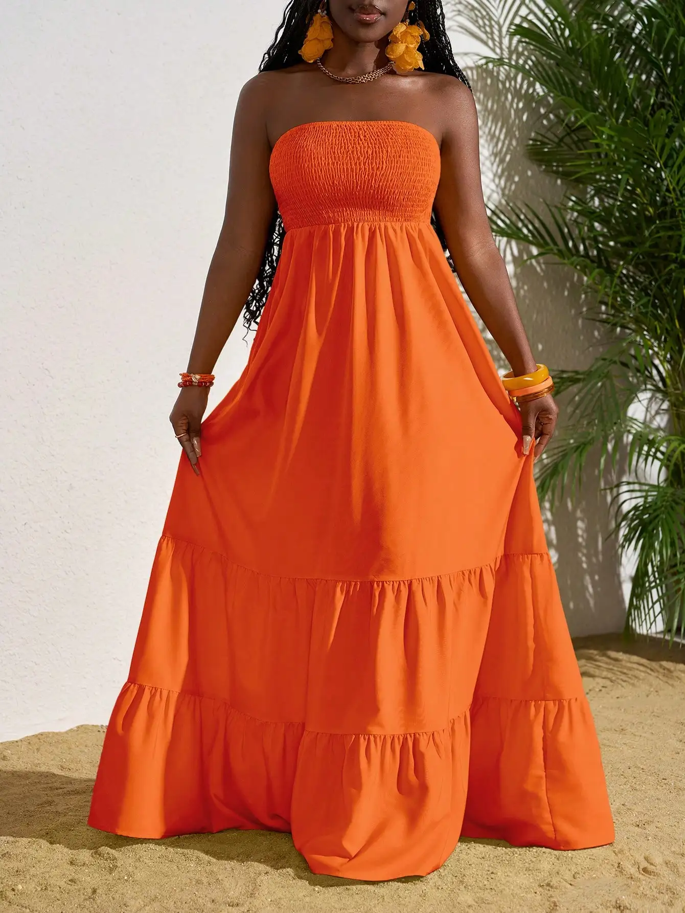 

Women Solid Color Vacation Tube Ruffle Hem Long Maxi Dress Bohemian Style