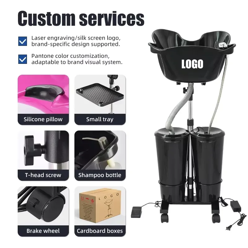 Portable Shampoo Backwash Unit Mobile Hair Salon Sink Basin with Double Tanks Professional Barber Station Furniture for