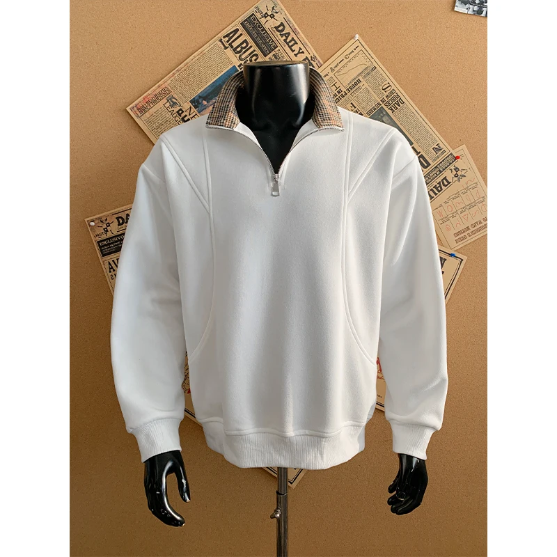 2026 Autumn Brand New Half-zip Plaid Lapel American Casual Large Size Loose Sweatshirt Cityboy Men's Long-sleeved Pullover