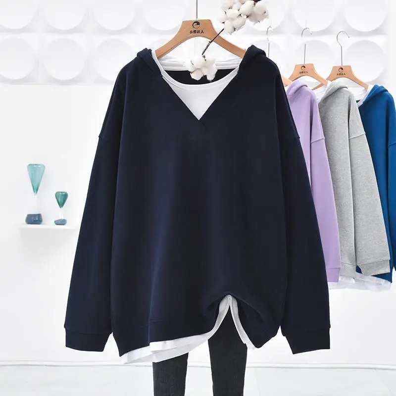 Spring Autumn KPOP Fashion Harajuku Patchwork Tops Women Loose Casual All Match Female Clothes Long Sleeve Solid Lady Sweatshirt