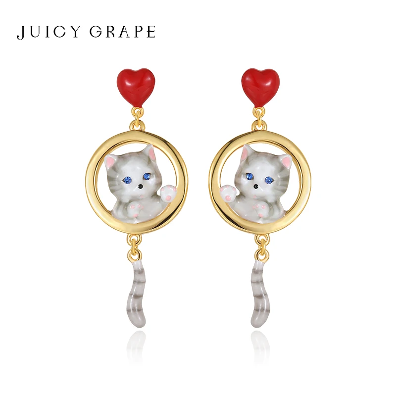 Juicy Grape Cut Cat Earrings For Women Hand Painted Enamel S925 Sterling Silver Needle 18K Gold Plated New Year Christmas Gifts