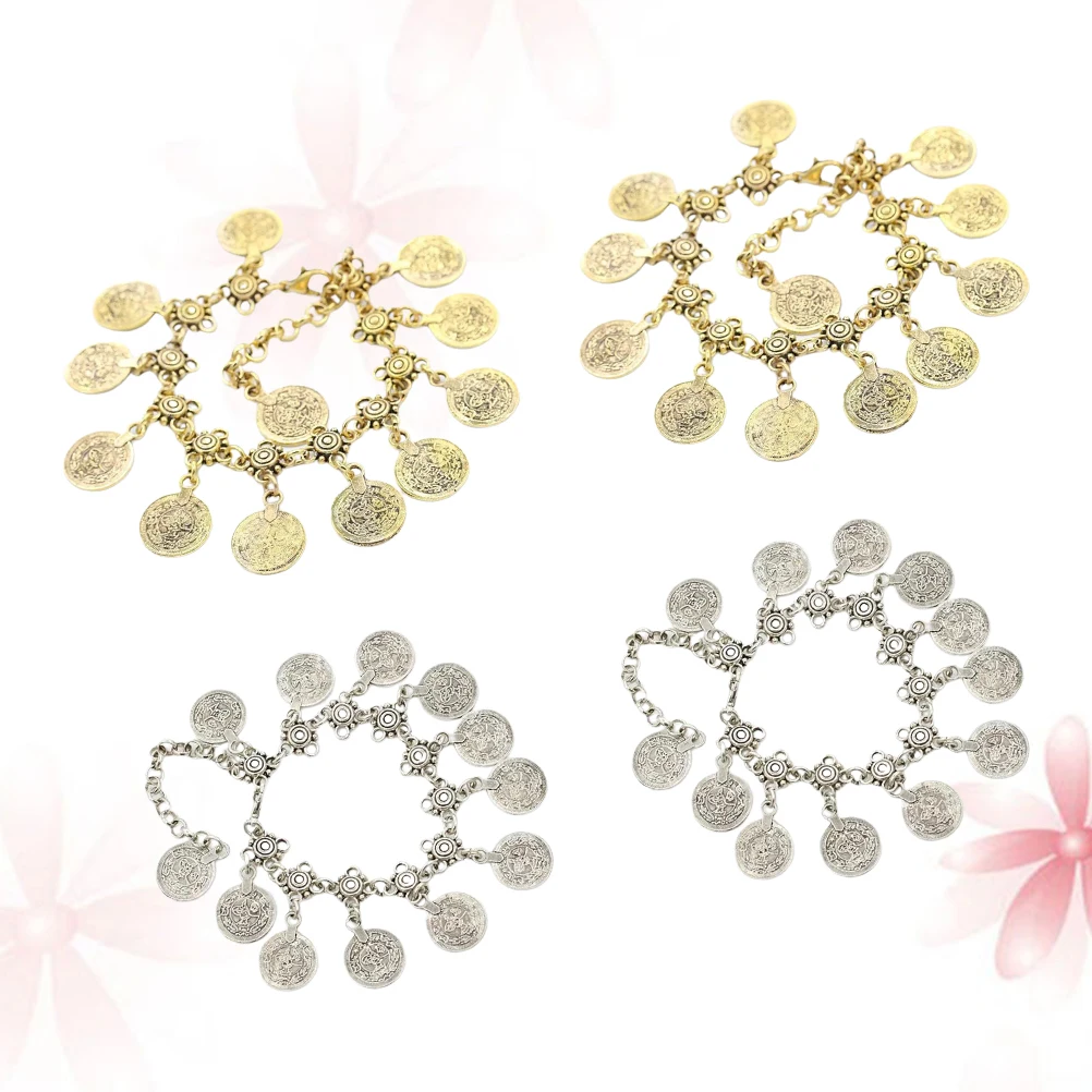 Tobillera con borla de moneda de Metal Retro, pulsera de cadena de pie a la moda Vintage, joyería para mujeres y niñas, accesorio diario para fiesta y boda, 4 Uds.