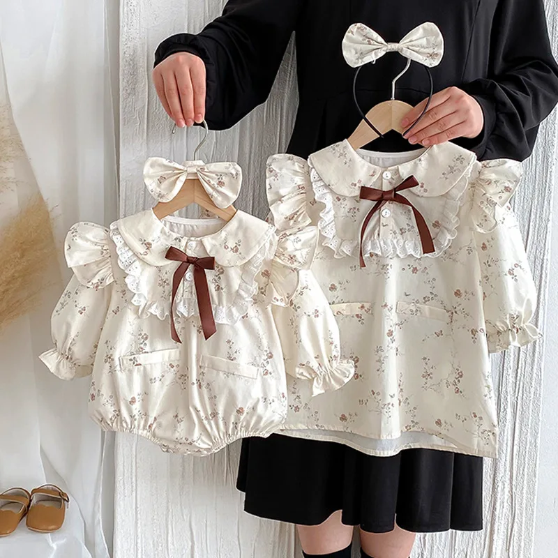 

2025 New Autumn Spring Baby Girl Dresses Long Sleeve Sister Matching Outfits Floral Romper Romper + Headband Children Dresses