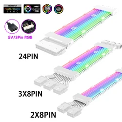 Biała obudowa PC Przedłużacz zasilacza Kabel RGB ATX 24Pin PCI-E GPU 2X8Pin Neon Color Line ARGB Streamer Transfer Adapter M/B 5V 3Pin SYNC