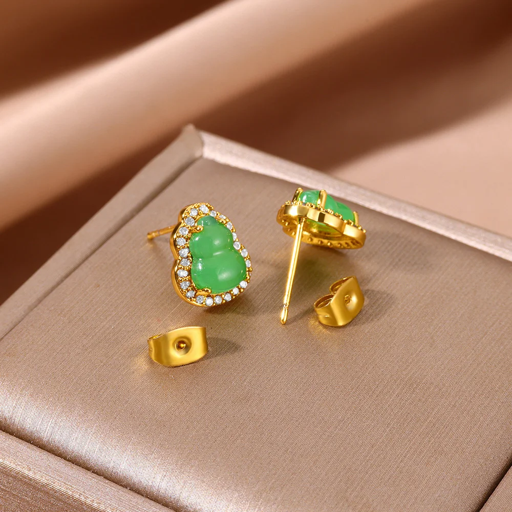 Natural Jade Stone Gourd Stud Earrings for Women Zirconia Stainless Steel Earrings 2024 Trend Buddha Statues Ear Jewelry aretes