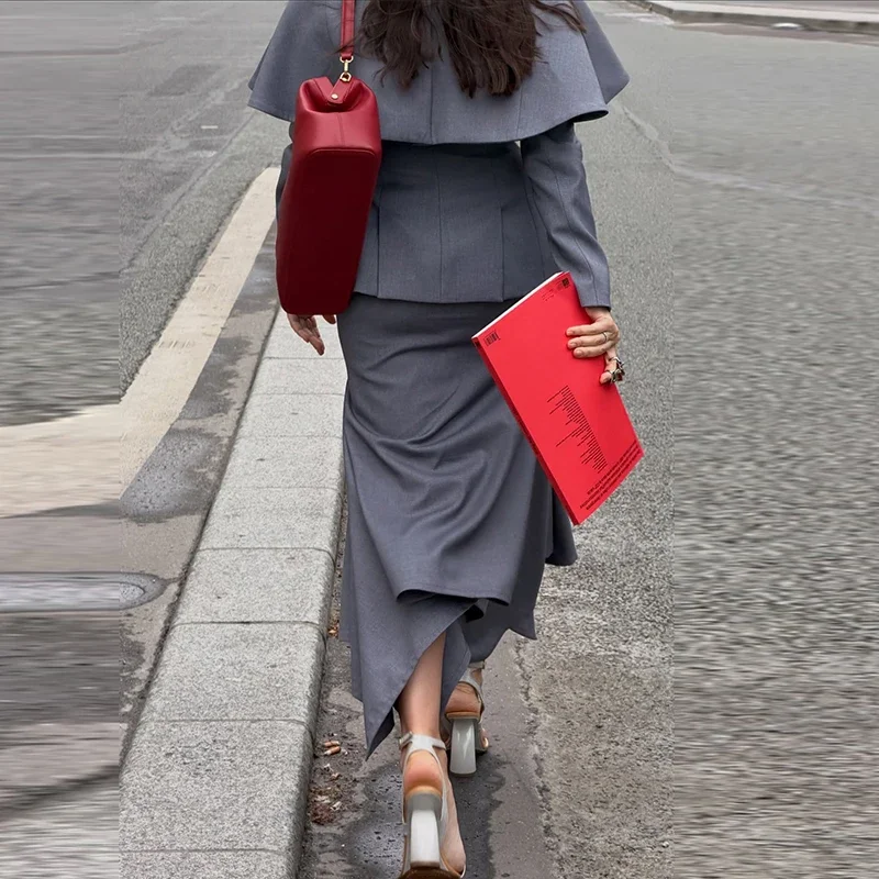 Schalkragen Elegantes Outfit Cape Damenanzug Asymmetrischer Meerjungfrauen-Dreiteiler Langer Rock Büro Damen Graue Anzüge 2026 Herbst – Detail 8