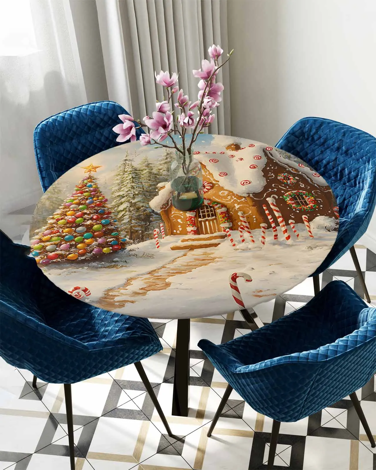 Christmas Tree Gingerbread House Fairy Tale Round Elastic Edged Table Cover Protector Cloth Waterproof Fitted Tablecloth