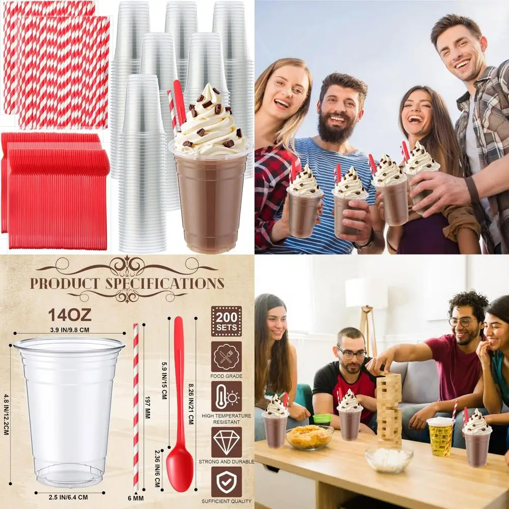 

Набор одноразовой посуды — 200 пластиковых поплавковых стаканчиков для корневого пива, чашки для параитов на 14 унций, 8,27-дюймовые ложки для мороженого и красная бумага.