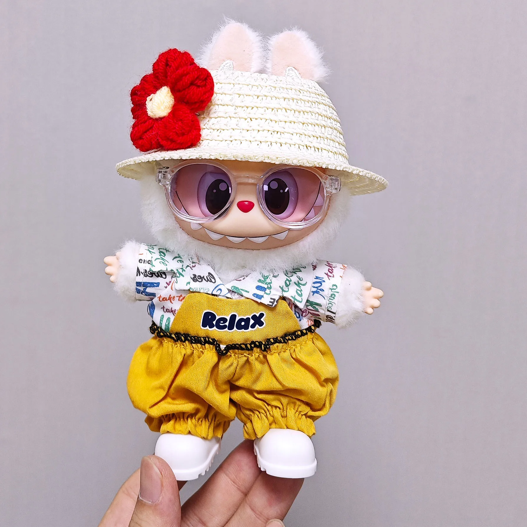 

Clothes For Labubu 15/17Cm Dolls Gen 1-3 Summer Yellow Lantern Pants With Flower Straw Hat Glasses Set Clothing Accessories