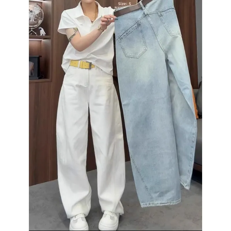 

Женские джинсы с высокой талией, прямые, свободного кроя, удлиненные, с эффектом похудения, повседневные, однотонные, из хлопка и полиэстера