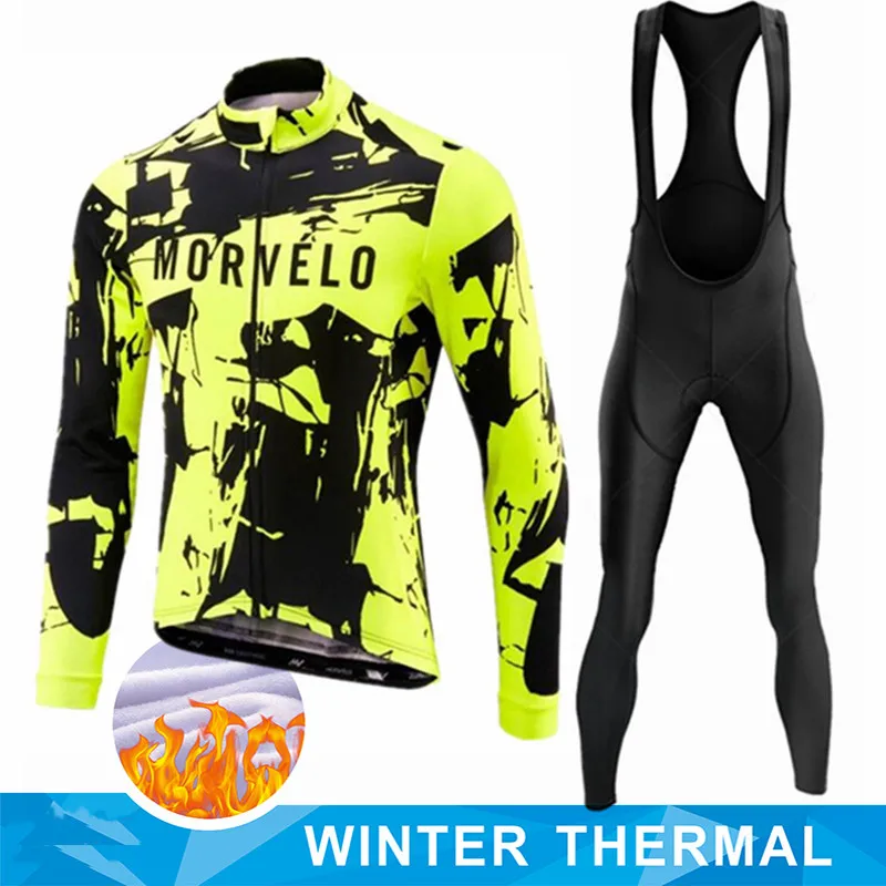 

MORVELO Winter Thermal Fleece Long Sleeve Cycling Jersey Set Bib Pants Ropa Ciclismo Bicycle Clothing MTB Bike Men Pro Team Suit