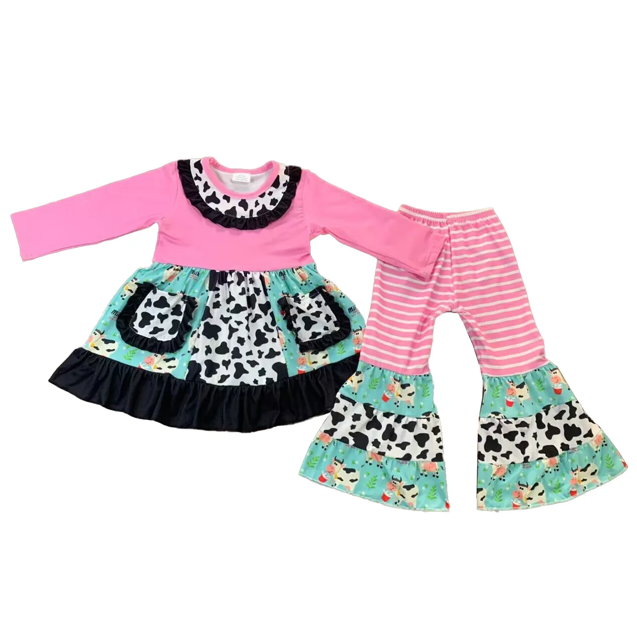 

New Spring Girls Clothing Sets Pink Tunic Tops and Cow Bell Bottom Pants Outfits