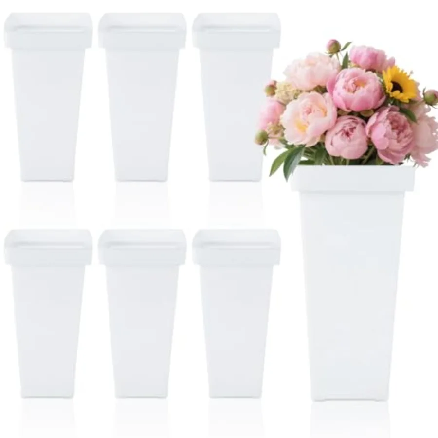

6 Pack White Flower Buckets for Cut Flowers, 13.4 inch Plastic Floral Buckets Flower Vases Modern Square Vase for Centerpieces,