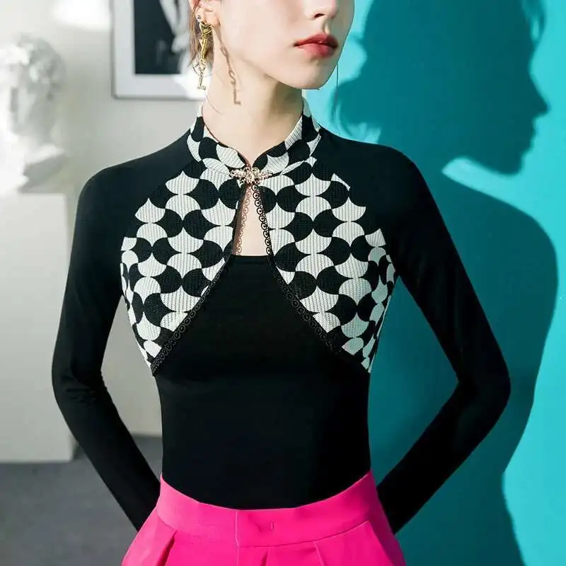 # 4329 Schwarz Falsche Zwei Stück T Shirt Frauen Split Joint Dünne Kurze T-shirt Damen Langarm Cheongsam Stehkragen Aushöhlen