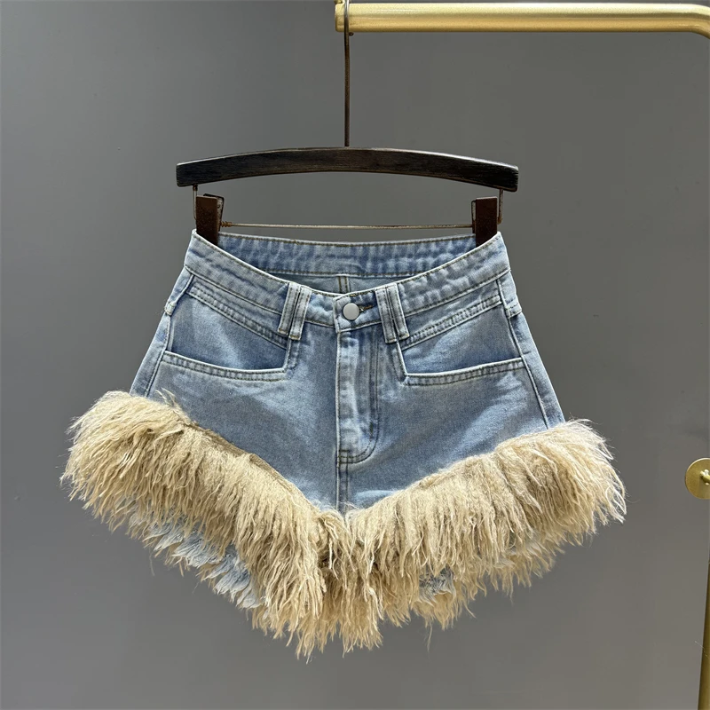 

Tassel Frayed Edge Patchwork Fashion Hot Girl Denim Shorts for Women, Autumn 2025 New Slimming Versatile A-line Wide-leg Pants