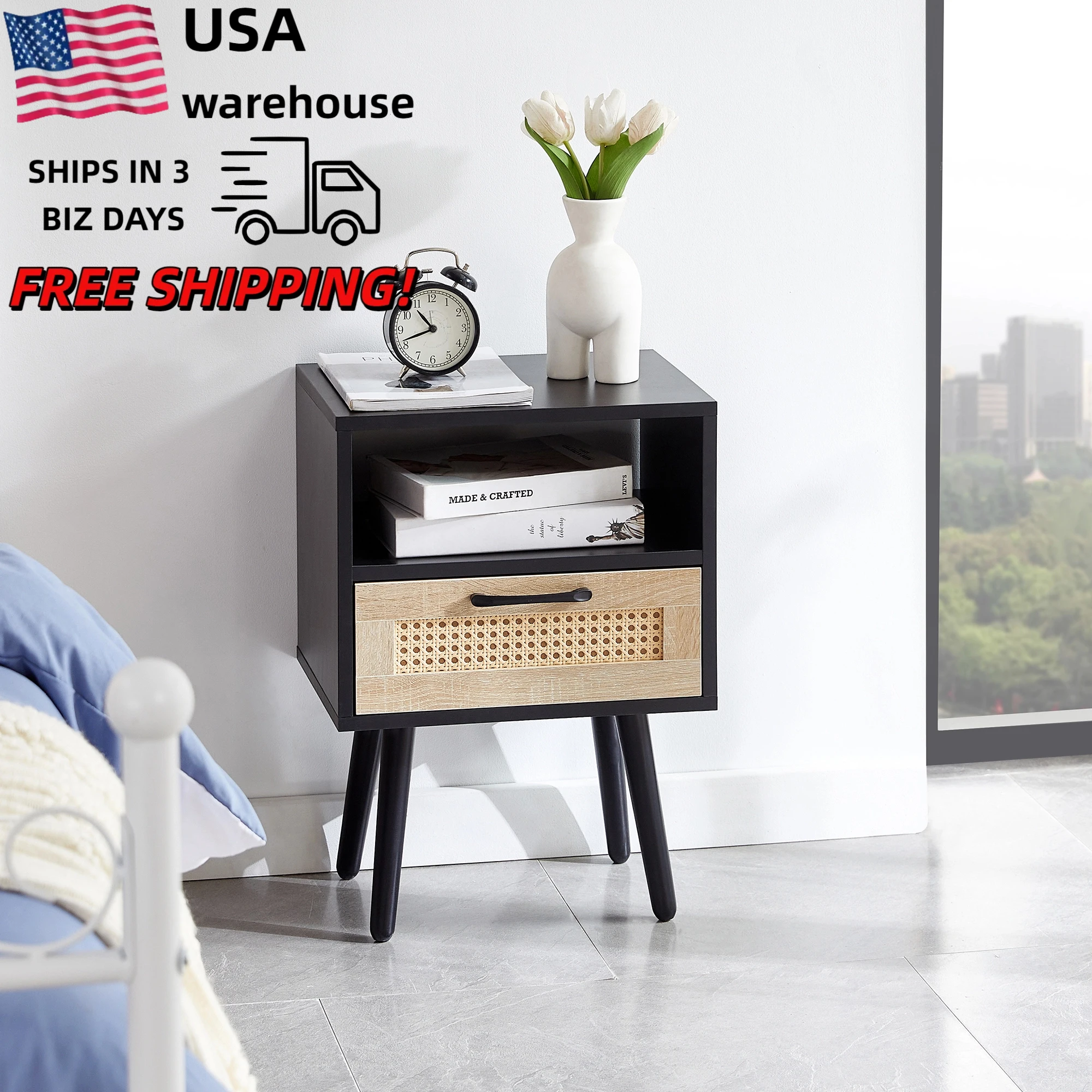 

15.75" Wooden End Table with Drawer and Wood Legs, Modern Nightstand, Side Table for Living Room Ready to Ship Products