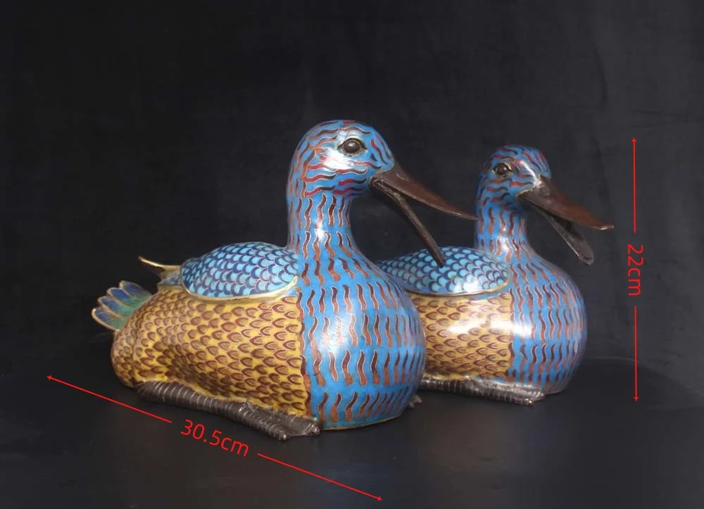 

12"Tibetan Temple Collection Old Bronze Cloisonn Enamel Mandarin Duck Statue A Pair Amass wealth Ornaments Town house Exorcism