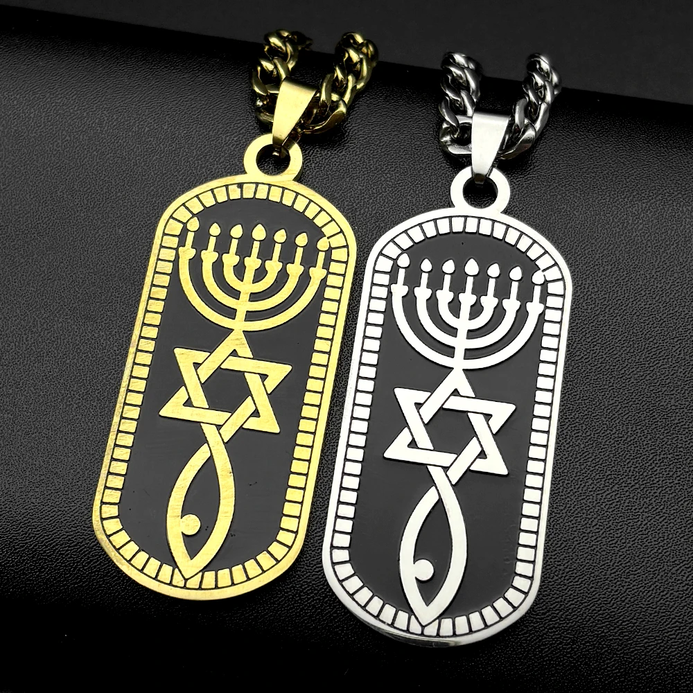 Menorah Star of David Jewish Judaica Ichthys Necklace for Women Men Stainless Steel Black Enamel Israel Amulet Chain Jewelry