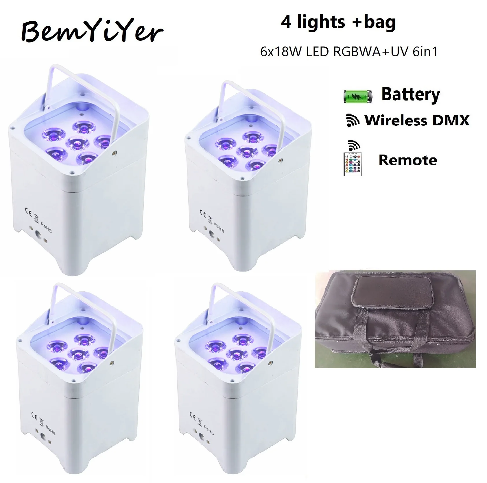 

4 упаковки 6x18 Вт DJ на батарейках, беспроводные DMX IR светодиодные лампы Par Uplight/RGBWA + UV 6in1 для DJ-вечеринок, мероприятий, свадьбы