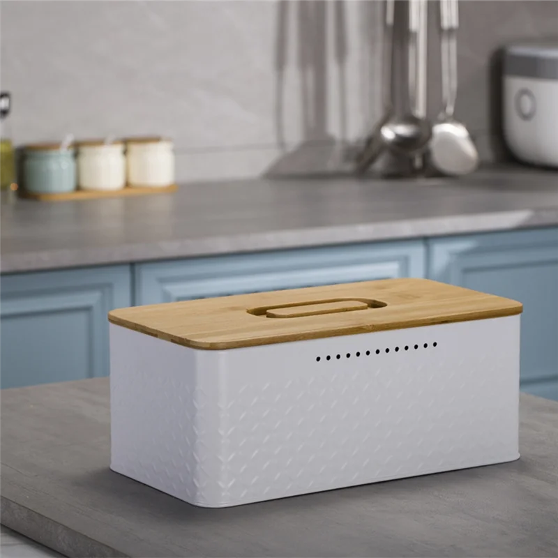 MCGS-Bread Bin,Innovative Bread Box Thanks to Carbon Coating,with Integrated Ventilation Holes,Including Bamboo Lid White