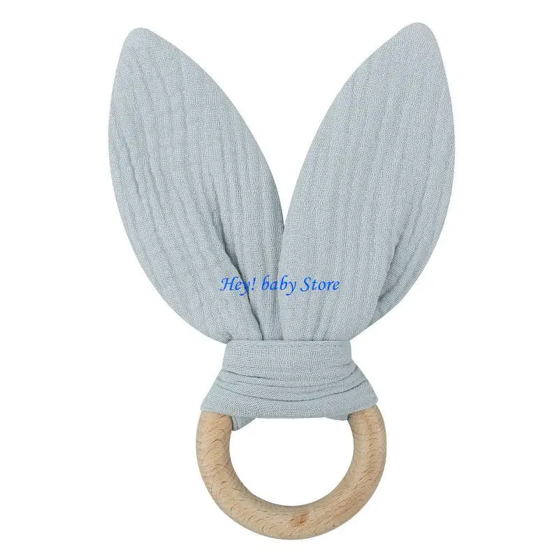 Q1FE Wooden Baby Teether Cotton Cloth Teething Ring Rattle Toy for Newborn Boys Girls Appease Chewing Gift