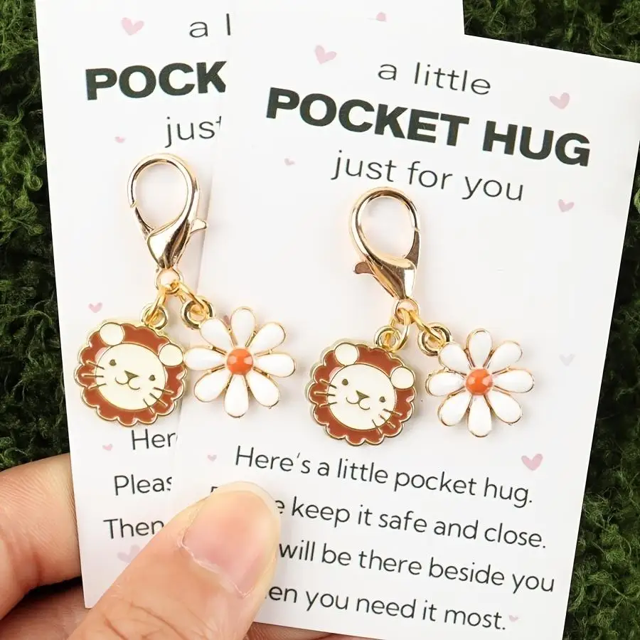 1/5/10/20/50/100pcs 2D s Little Lion Daisy Pocket Hug Greeting Card Keychain Set. Suitable for Backpacks/school Bags/car Keychai