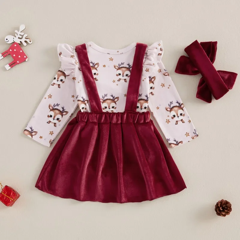 Baby Girl Christmas Outfits Newborn Reindeer Print Long Sleeve Bodysuit with Overalls Skirt and Headband Clothes Set