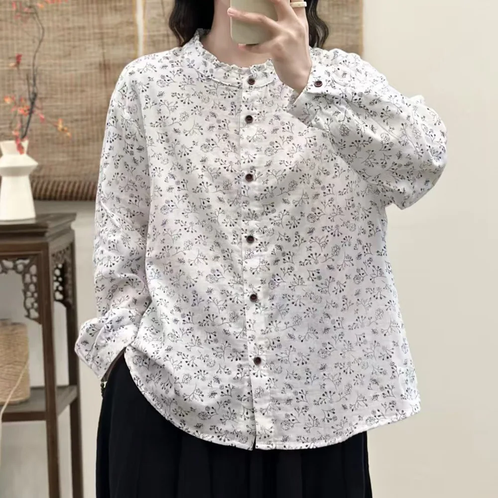 

Japanese Mori Girl Vintage Floral Printed Cotton Shirts Women Spring Autumn Stand Collar Long Sleeve Casual Loose Blouse Tops