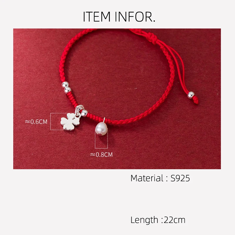 22cm Lucky 925 Silver Rope Bracelets Women Silver Retro Flower Red Thread Line String Bracelets For Women Girl Synthetic Pearl