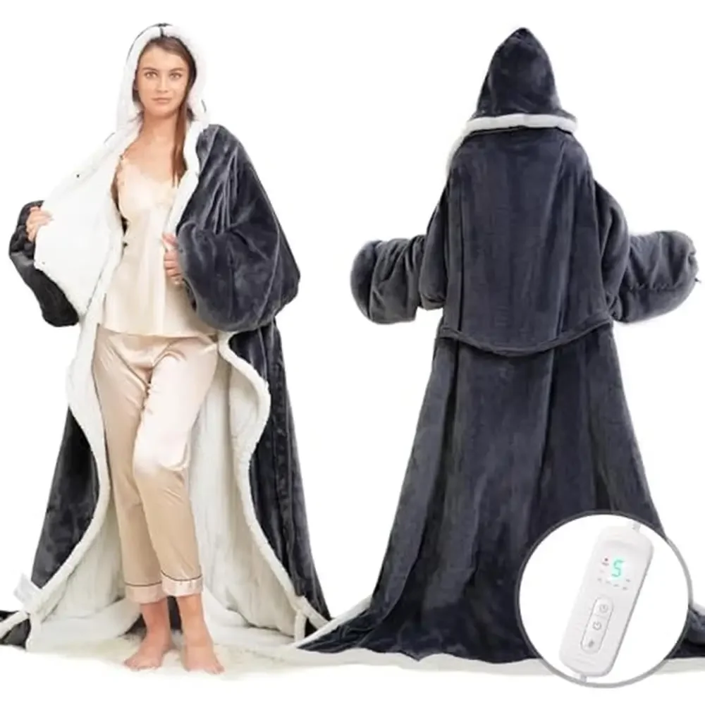 Heated Wearable Throw Blanket with Foot Pockets Sleeves Hood Portable Electric Warm Cozy Blanket