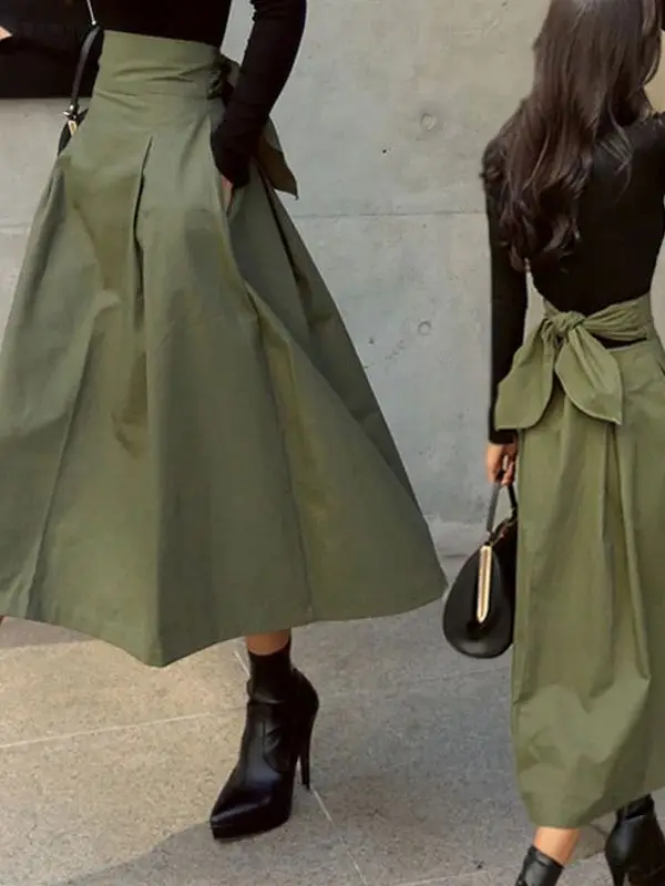 

High Waist Bow Long Skirt Women's Slim Fit A-Line Midi Skirt Korean Style Polyester Cotton Blend Easy Care Knot