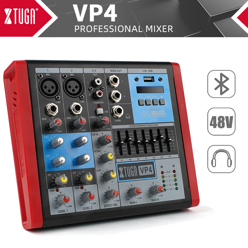 

XTUGA Профессиональный аудиомикшер 4-канальный DJ-контроллер Bluetooth-интерфейс для студии звукозаписи на сцене