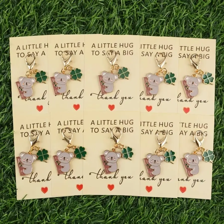 1/5/10/20/50/100pcs Koala Hugging a Tree Trunk + Four-Leaf Clover Double Pendant Keychain Set with Thank You Card, Golden Lobste