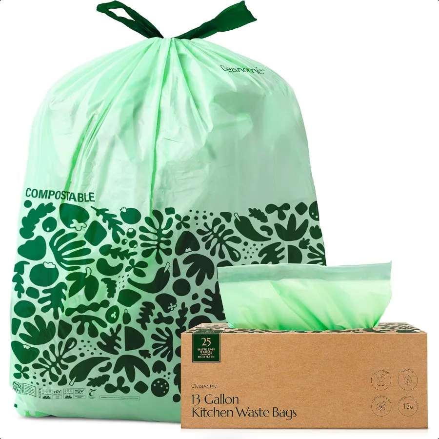 

Compostable Trash Bags with Drawstring 13 Gallon 25 Units Tall BPI Certified For Kitchen Compost