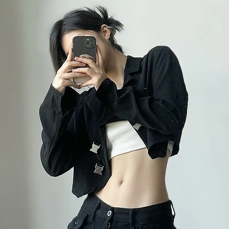 Cropped Đen Áo Nữ Dài Tay Phù Hợp Với Áo Khoác Khóa Thắt Lưng Thời Trang Nữ Blazer 2023 Giày Dạo Phố Áo Khoác Ngắn