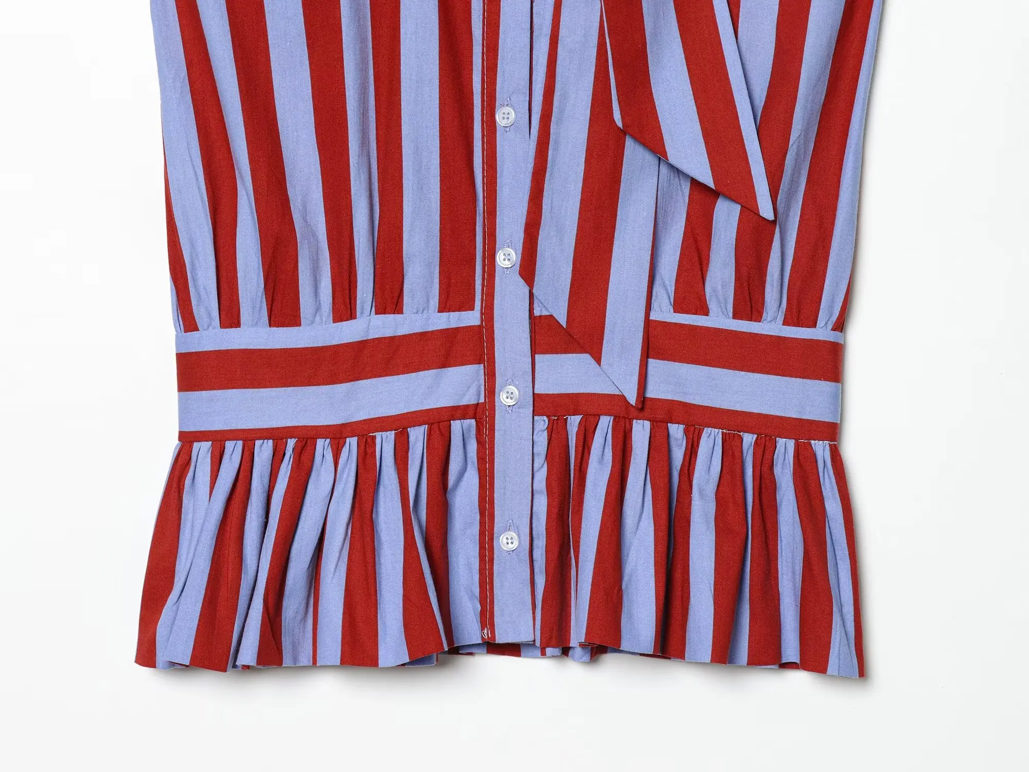 HH Damen Sommer Gestreifte Bluse mit Schleife, Rüschenkragen, Ärmellos, Knopfleiste, Peplum-Top im Preppy-Stil, Lässig für Abschlussfeier und Urlaub – Detail 7