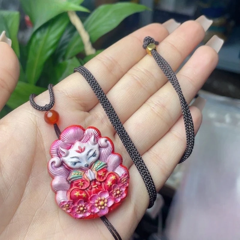 

Natural Cinnabar Painted Nine Tailed Fox Pendant Red Sand Men's and Women's Pendant Necklace Fashionable and Charming Jewelry
