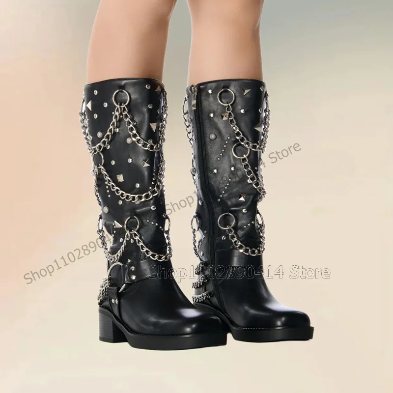 

Metal Chain Rivets Decor Black Round Toe Boots Slip On Women Shoes Chunky High Heels Fashion Banquet 2024 Zapatos Para Mujere