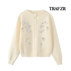 TRAF ZR Cozy Sweaters Knit Cardigan Ladies Long Sleeve Y2k Vintage Top Sequins Solid O-neck Cardigan Women's Autumn Sweater