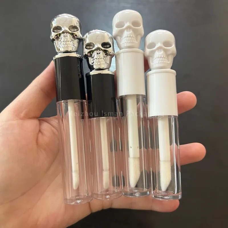 50pcs Halloween unique grande brosse blanc argent crâne lèvres glaçure tube vide tête humaine brillant à lèvres conteneur tubes vides 5 ml 3 ml