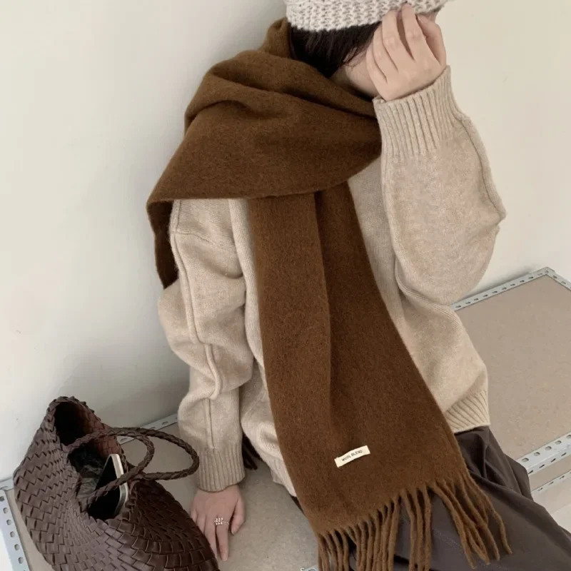 Korean Version Chic Solid Tassel Scarf Women Men Winter  Minimalist Versatile Warm Muffler Couple Wool Blend Scarves Femle Male