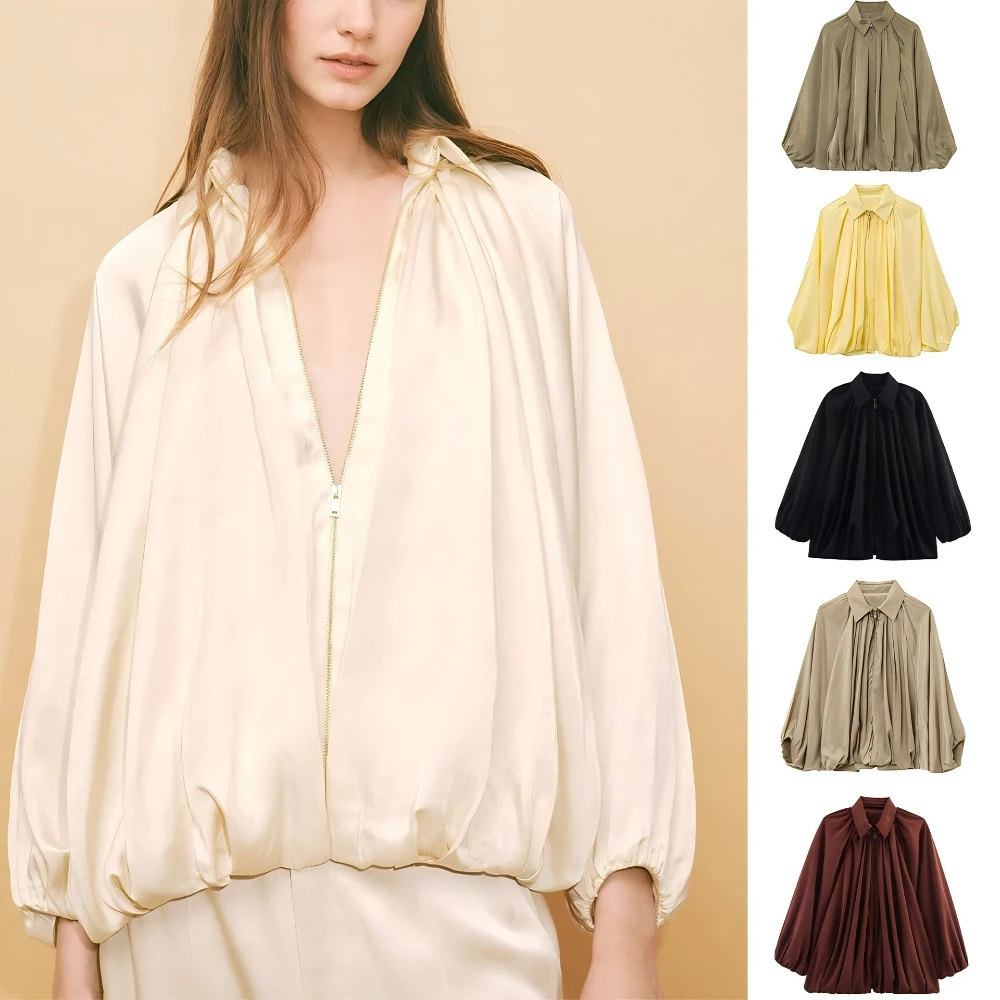 

zipper jacket long sleeved women's jacketcasual women's jacket Women's satin lightweight baseball jacket spring casual pleated