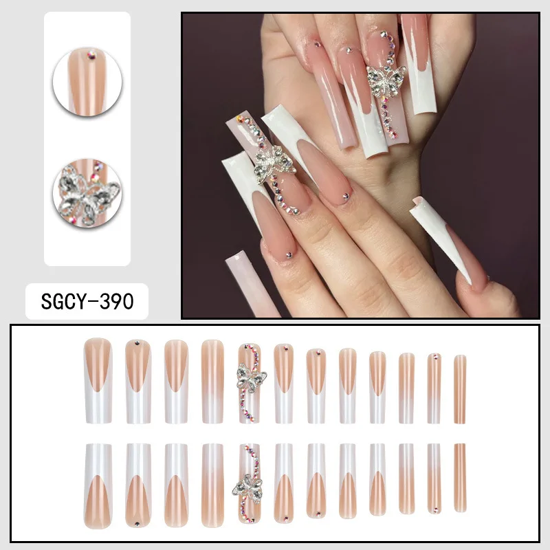 24 piezas de uñas postizas ultra largas en forma de ataúd con patrón francés, degradado y floral, mariposa 3D, puntos de diamante, uñas falsas brillantes 3