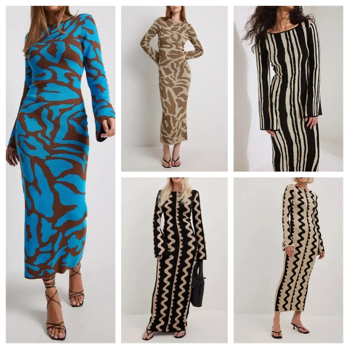 秋のニットマキシ丈ワンピース、フレアロングスリーブ、ボディコンワンピース、女性用、エレガントでセクシーなカットアウト、ウェーブ、クリスマスパーティー、イブニングウェア