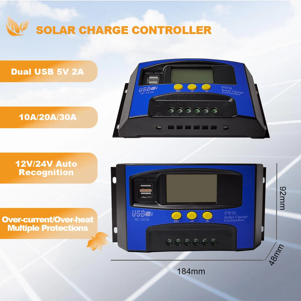 Solar Charge Controller 12V 24V PWM 30A With Adjustable LCD Display OFF Grid Controller