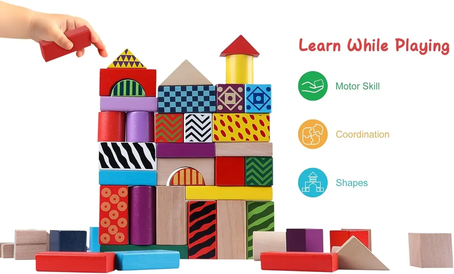Blocos de construção de madeira para crianças de 1 a 3 anos, brinquedos de classificação e empilhamento de formas montessori, conjunto de blocos de madeira coloridos de 50 peças com armazenamento