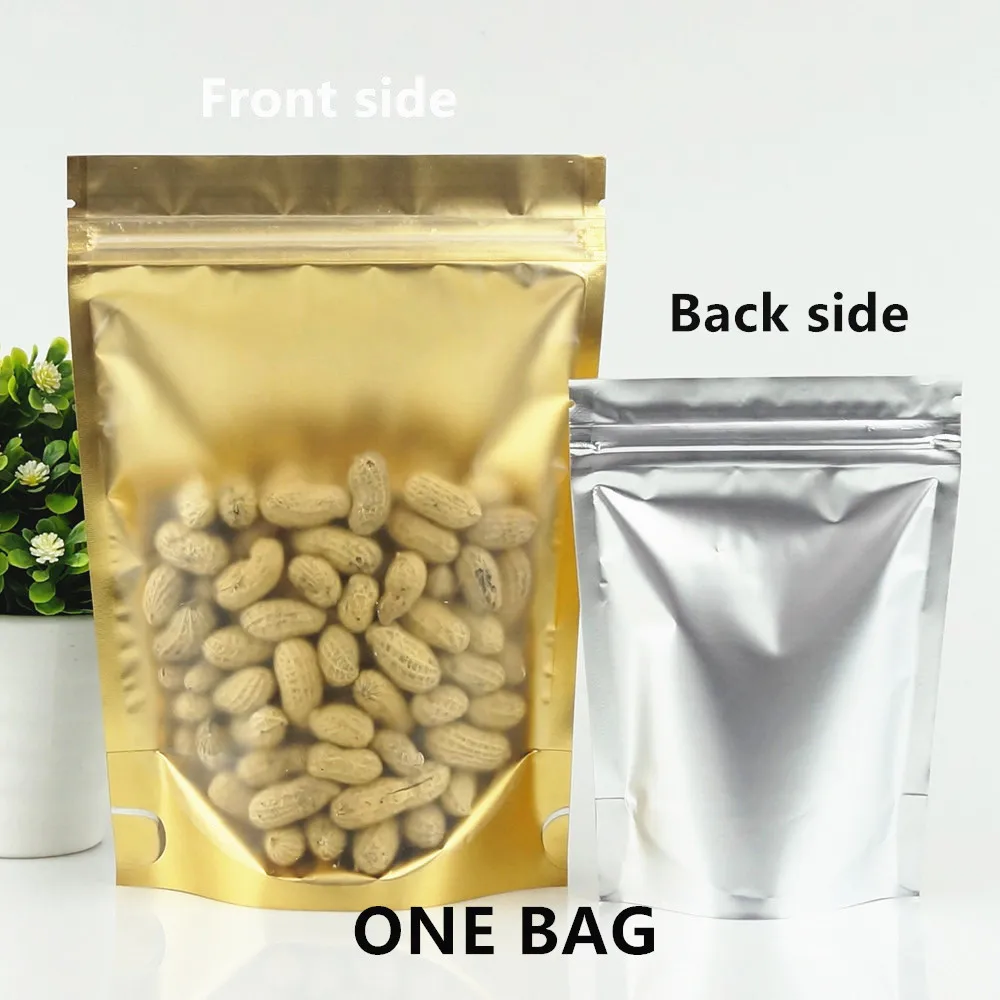 100pcs Inner Gold Standing Up Aluminum Foil Zip Lock Bags with One Side Matte Clear - Zipper Reusable Food Grade Packing Pouches