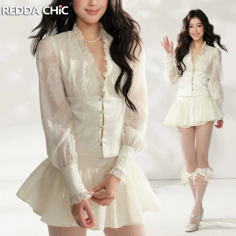 REDDACHiC Romantic Jacquard Shirt Skirt Set Elegant V-neck Button Front Blouse Low Waist Mini Skirt Balletcore Women Clothes