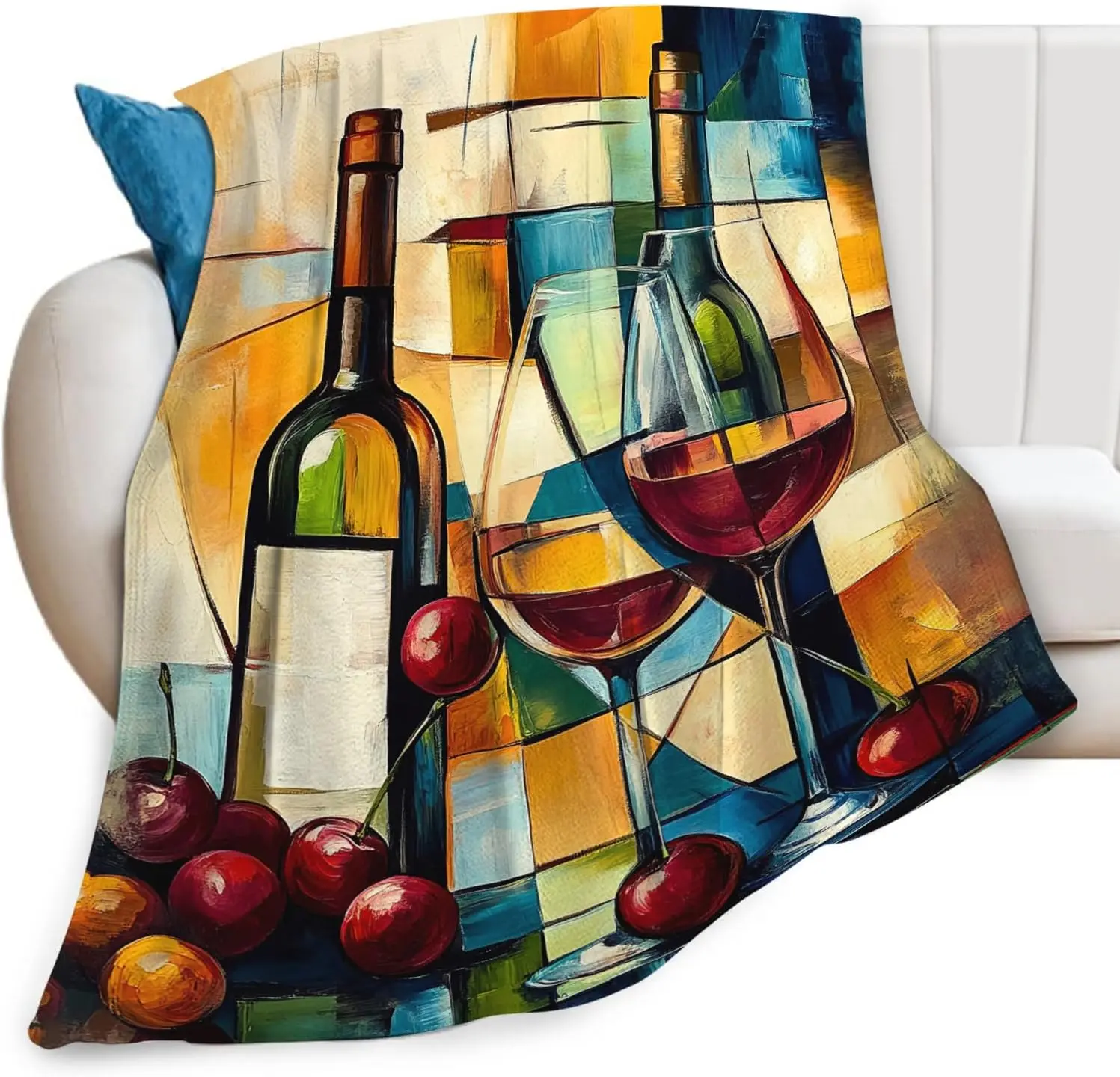 Abstract Wine Glass and Apple Print Throw Blanket Canvas Art for Home Decor Modern Vineyard Tapestry Fall Autumn Living Room Sof